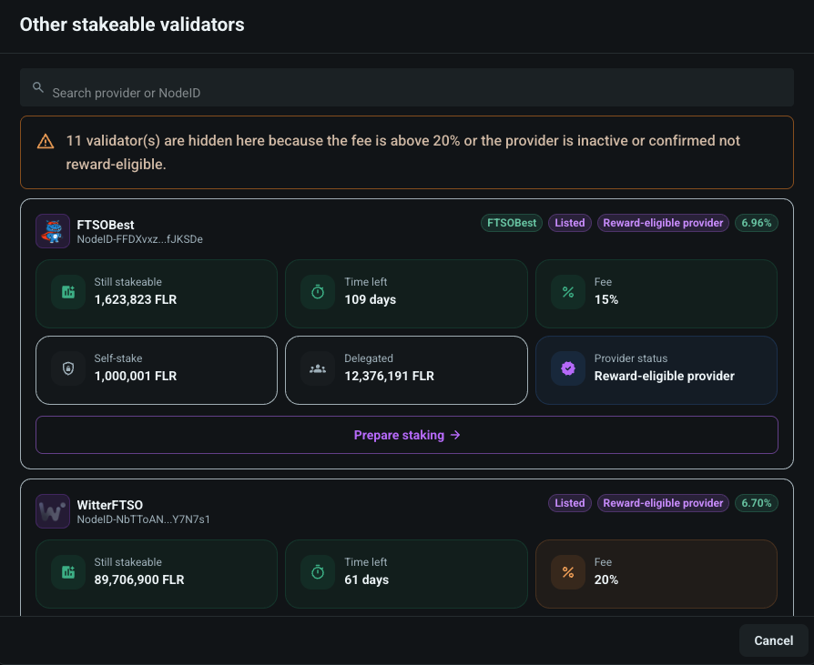 Other stakeable validators